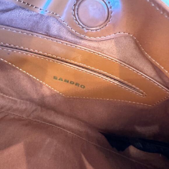 Sandro Brown Shiny Leather Shoulder Bag Structured Designer Logo 11x6x1 $425 - Picture 7 of 9